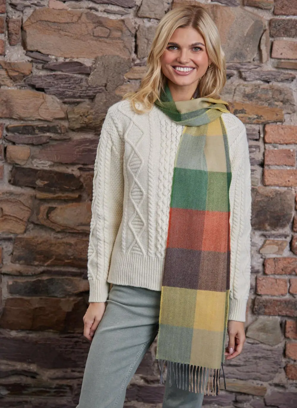 Extra Fine Merino Wool Fringed Check Scarf 